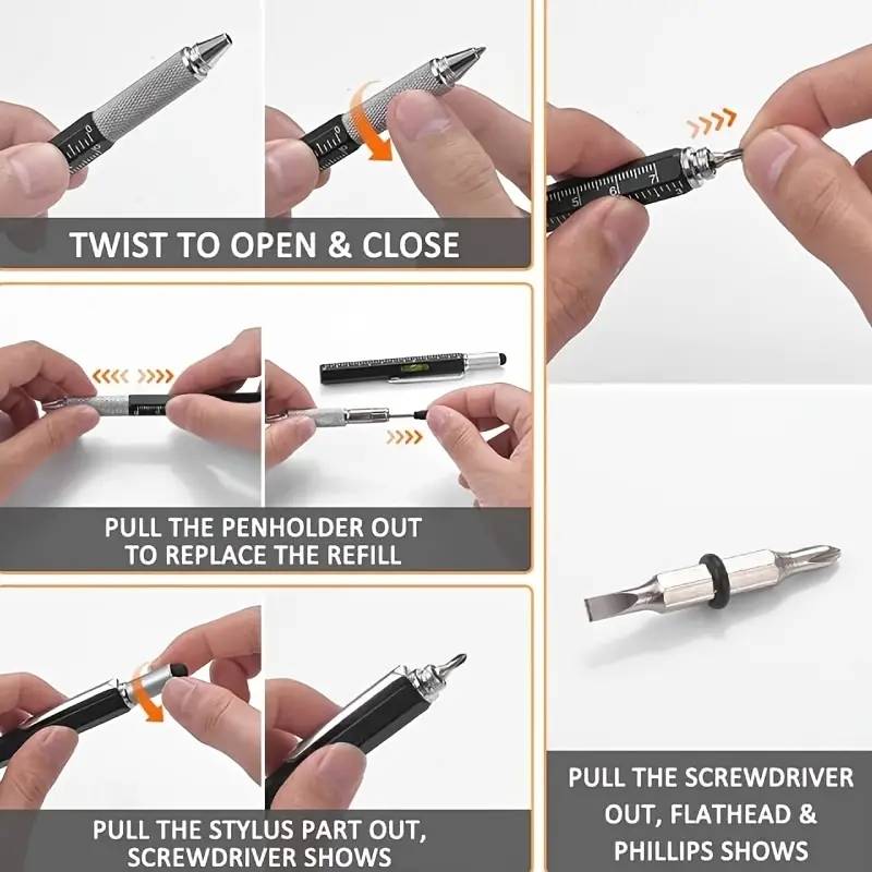 7 in 1 tool pen (stainless steel metal) Pen For Construction Tools, Gift Tool Pen, Multifunctional Technology Pen With Black Ballpoint Pen, Ruler, Handwriting Pen, Level, Screwdriver For Mens Gifts ZE Enterprises