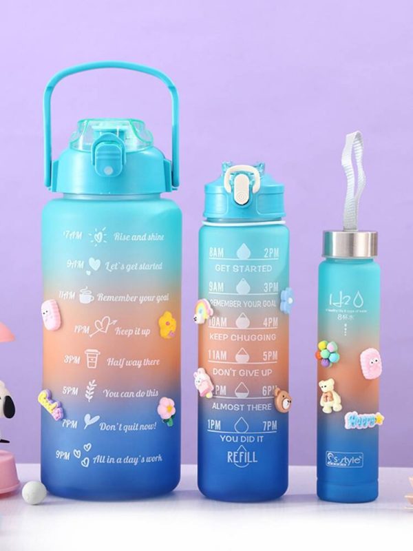 3 Pack Water Bottles With 2l Large Bottle 700mlportable Bottle And 300ml Mini Bottle Motivational (random Color) ZE Enterprises