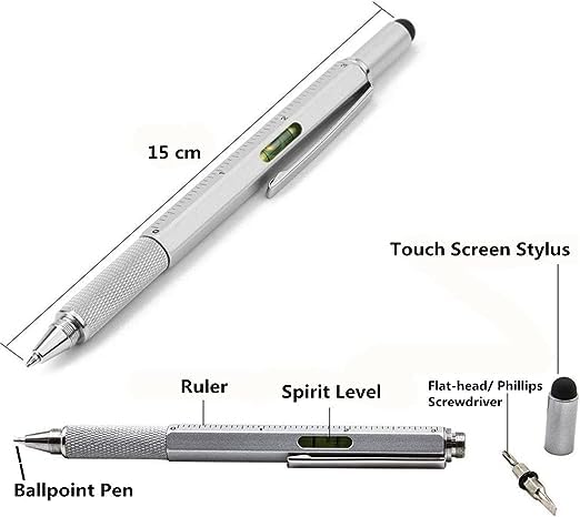 7 in 1 tool pen (stainless steel metal) Pen For Construction Tools, Gift Tool Pen, Multifunctional Technology Pen With Black Ballpoint Pen, Ruler, Handwriting Pen, Level, Screwdriver For Mens Gifts ZE Enterprises