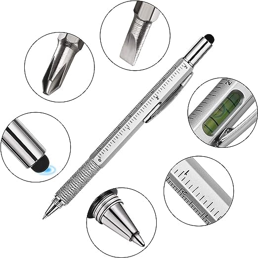 7 in 1 tool pen (stainless steel metal) Pen For Construction Tools, Gift Tool Pen, Multifunctional Technology Pen With Black Ballpoint Pen, Ruler, Handwriting Pen, Level, Screwdriver For Mens Gifts ZE Enterprises