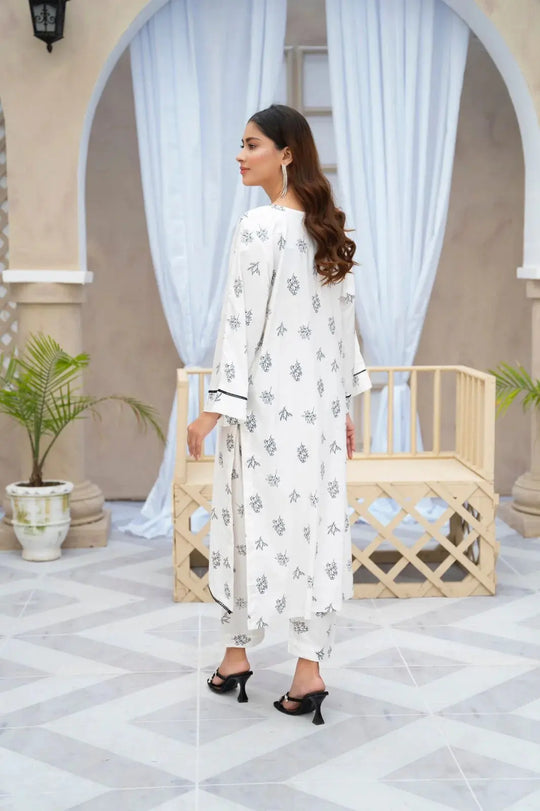 2pcs flower printed Stitched Suit Stone Winter linen Suit WINTER COLLECTION (white) ZE Enterprises