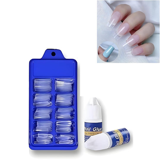 (square shape )Artificial Nails 100pcs With Nail Glue, Beautiful Fancy Fake Nails ,Acrylic Nails Kit Transparent &amp; Natural False Nail ZE Enterprises