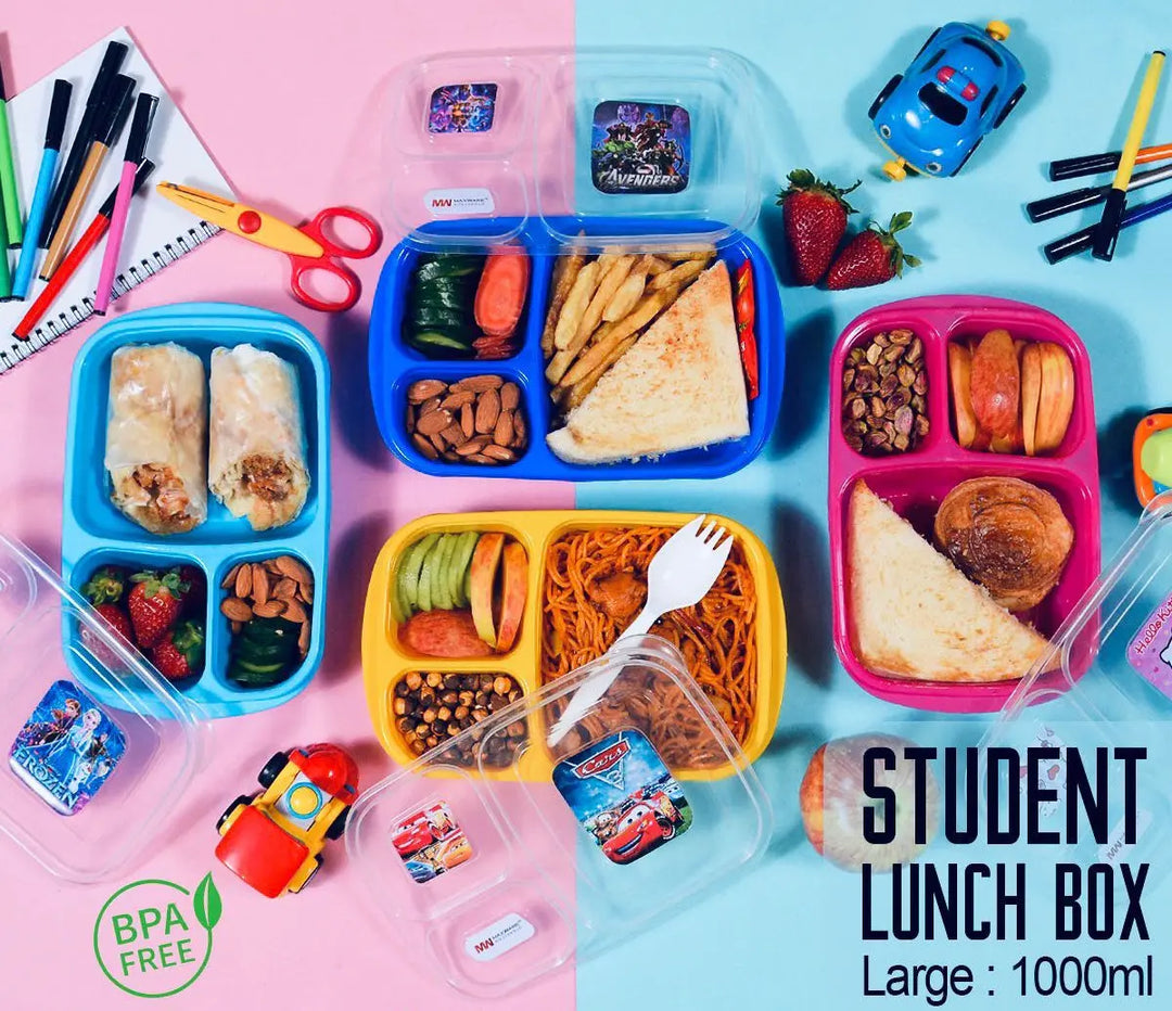 Student Lunch Box (Plastic) - 1000ml - Lunch Box With Three Portions/Compartments (Random Color) ZE Enterprises