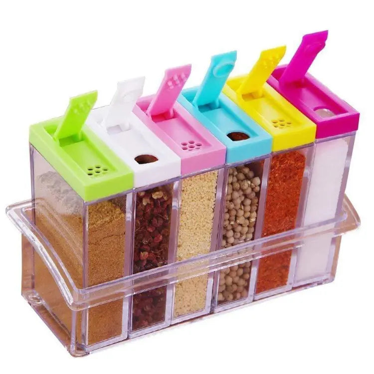 Spice Jars Dispenser Masala Rack Easy Flow Storage Crystal Seasoning Box Multicolour Set of 6 ZE Enterprises