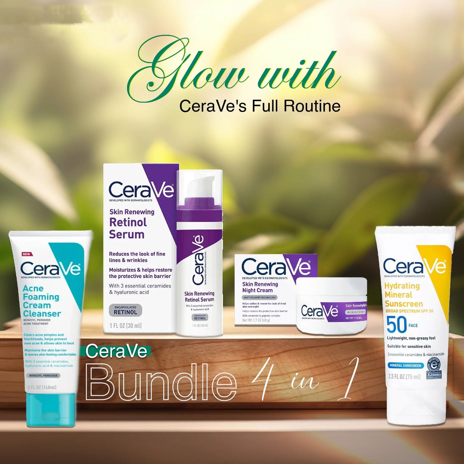 CeraVe 4-in-1 Skincare Bundle: Night Cream, Sunblock, Cleanser &amp; Serum for Radiant Skin ZE Enterprises