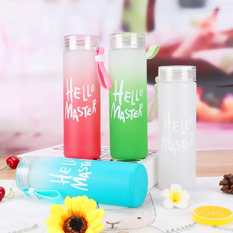 Frosted Glass Water Bottle With Hello Master Decal Logo - 400ml  (Random color) ZE Enterprises