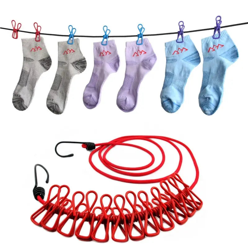 12 clips Cloth Line rope hang portable - Elastic, Windproof Eco-Friendly for Travel  Home Use (random color) ZE Enterprises