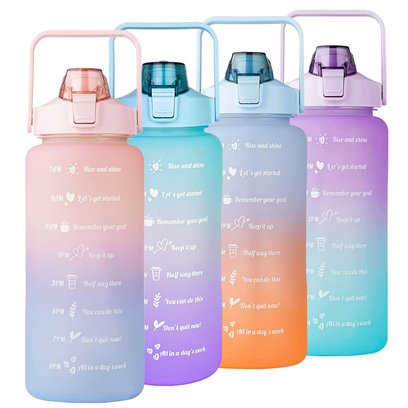 Sports Colorful Water Bottle, Gradient Color Portable Large Capacity Leak Proof Plastic Water Bottles with Straw and Time Marker for Women, Girls, Boys, Mens, Home, Office, School, Gym and Travel Use 2 liter (Random Colors) ZE Enterprises