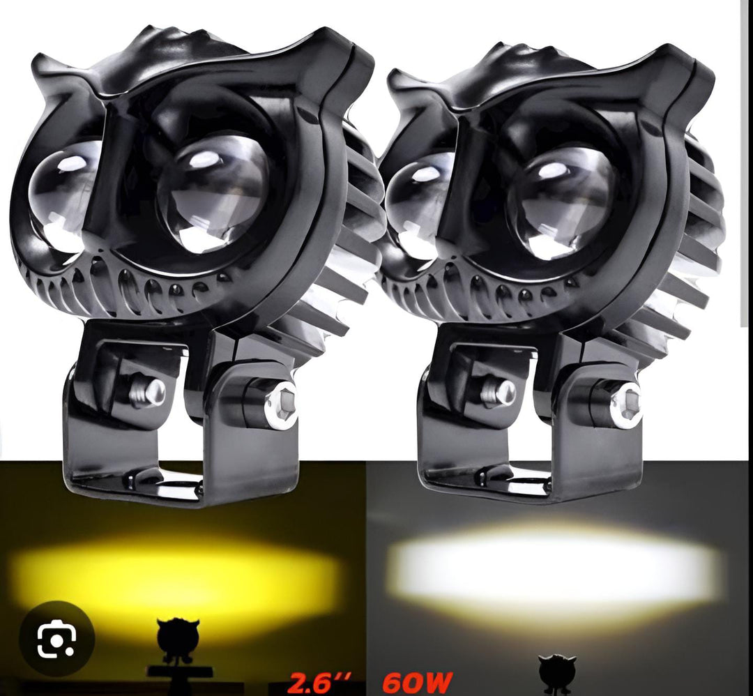 2 Pcs OWL Shape Fog Yellow-White &amp; Flash light Low &amp; High Beam Owl Plastic Body Spot Light for All Cars And Bikes 9V-60V 40W ZE Enterprises