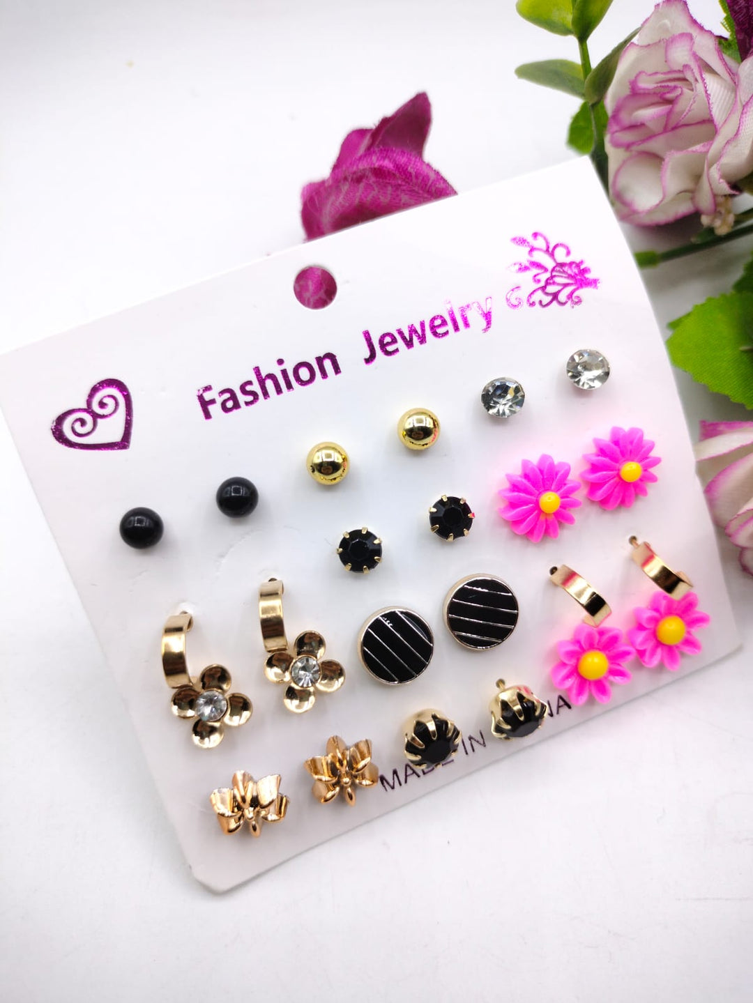 (12 x Studs Pair) Trendy Artificial Stones Ear Studs - Pink Sun Flower ZE Enterprises