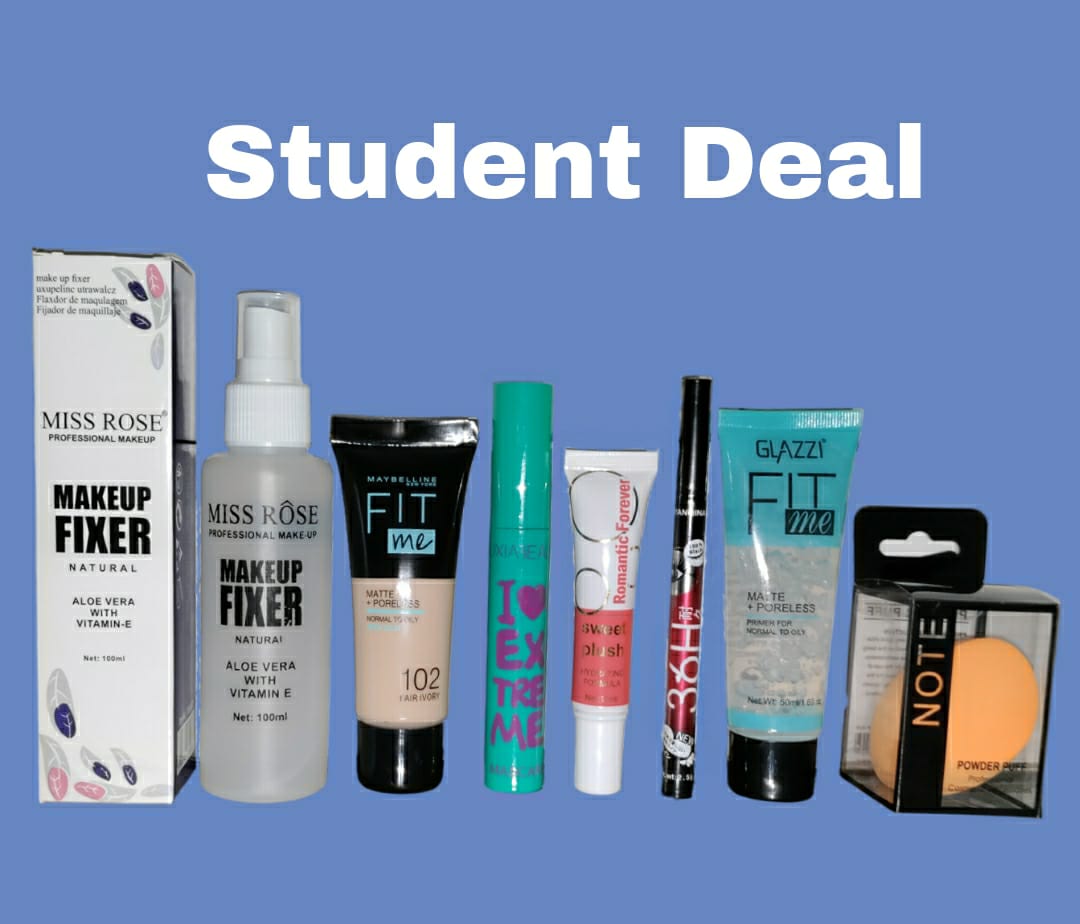 Student Makeup Deal - Makeup Fixer, Foundation (Random Shade), Mascar (Random Color) Liquid Blush, Eyeliner, Primer, Blender (Random Color) ZE Enterprises