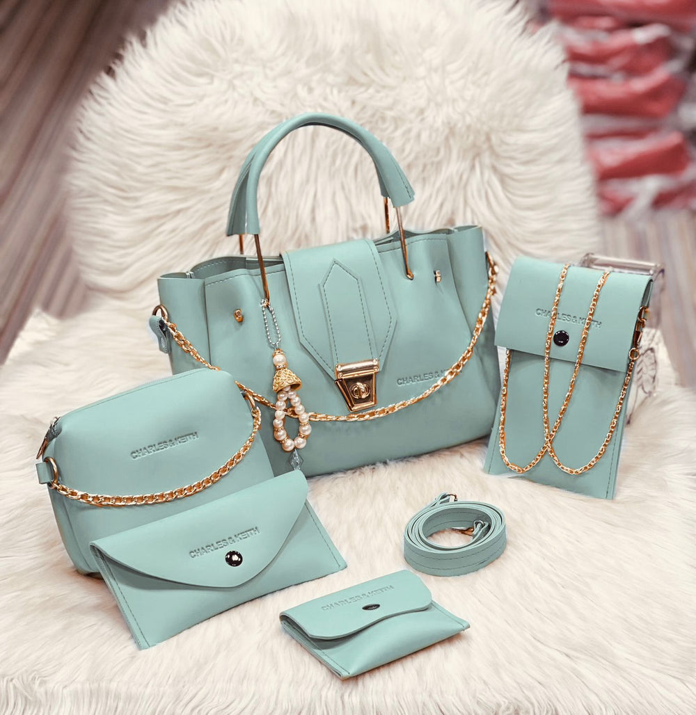 5 Pcs Women's PU Leather Plain Long Strap Hand Bag Wallet Set ZE Enterprises