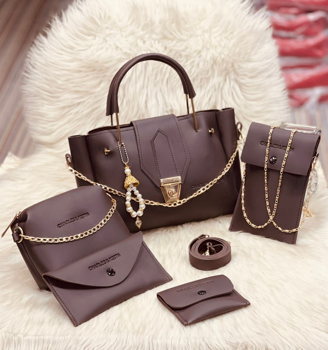 5 Pcs Women's PU Leather Plain Long Strap Hand Bag Wallet Set ZE Enterprises