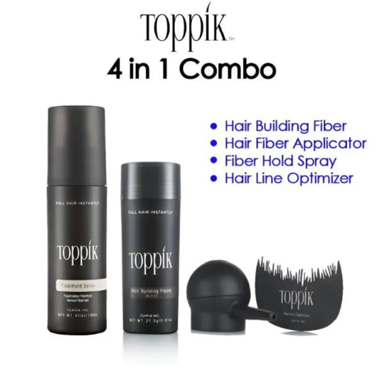 Toppik Hair Building Fiber 4-in-1 Combo Pack. This set includes Toppik Hair Fiber, Fiber Hold Spray, a Spray Applicator Pump, and a Hairline Optimizer Comb ZE Enterprises