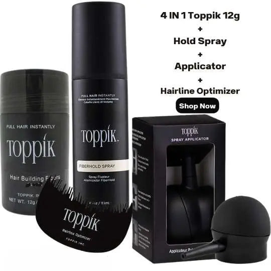 Toppik Hair Building Fiber 4-in-1 Combo Pack. This set includes Toppik Hair Fiber, Fiber Hold Spray, a Spray Applicator Pump, and a Hairline Optimizer Comb ZE Enterprises