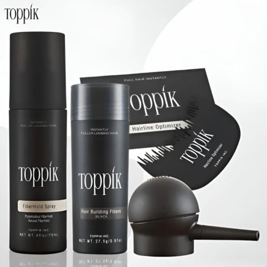 Toppik Hair Building Fiber 4-in-1 Combo Pack. This set includes Toppik Hair Fiber, Fiber Hold Spray, a Spray Applicator Pump, and a Hairline Optimizer Comb ZE Enterprises