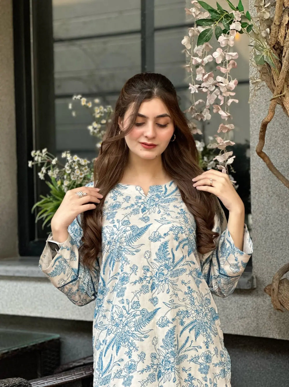 2pcs Stitched Suit Stone Winter linen Suit WINTER COLLECTION blue flower printed suit ZE Enterprises