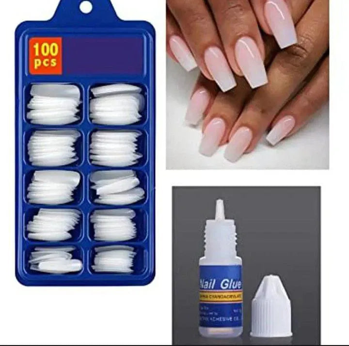 (square shape )Artificial Nails 100pcs With Nail Glue, Beautiful Fancy Fake Nails ,Acrylic Nails Kit Transparent &amp; Natural False Nail ZE Enterprises