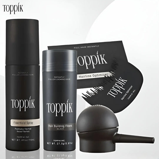 Toppik Hair Building Fiber 4-in-1 Combo Pack. This set includes Toppik Hair Fiber, Fiber Hold Spray, a Spray Applicator Pump, and a Hairline Optimizer Comb ZE Enterprises