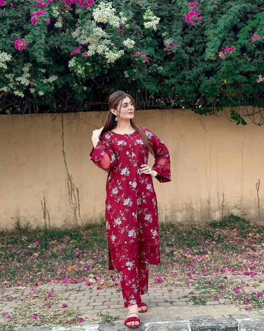 2pcs flower printed suit Stitched Suit Stone Winter linen Suit WINTER COLLECTION  (maroon) ZE Enterprises