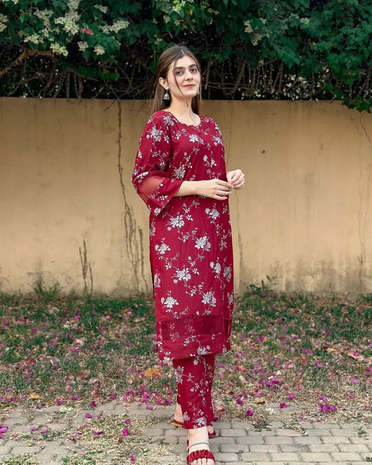 2pcs flower printed suit Stitched Suit Stone Winter linen Suit WINTER COLLECTION  (maroon) ZE Enterprises